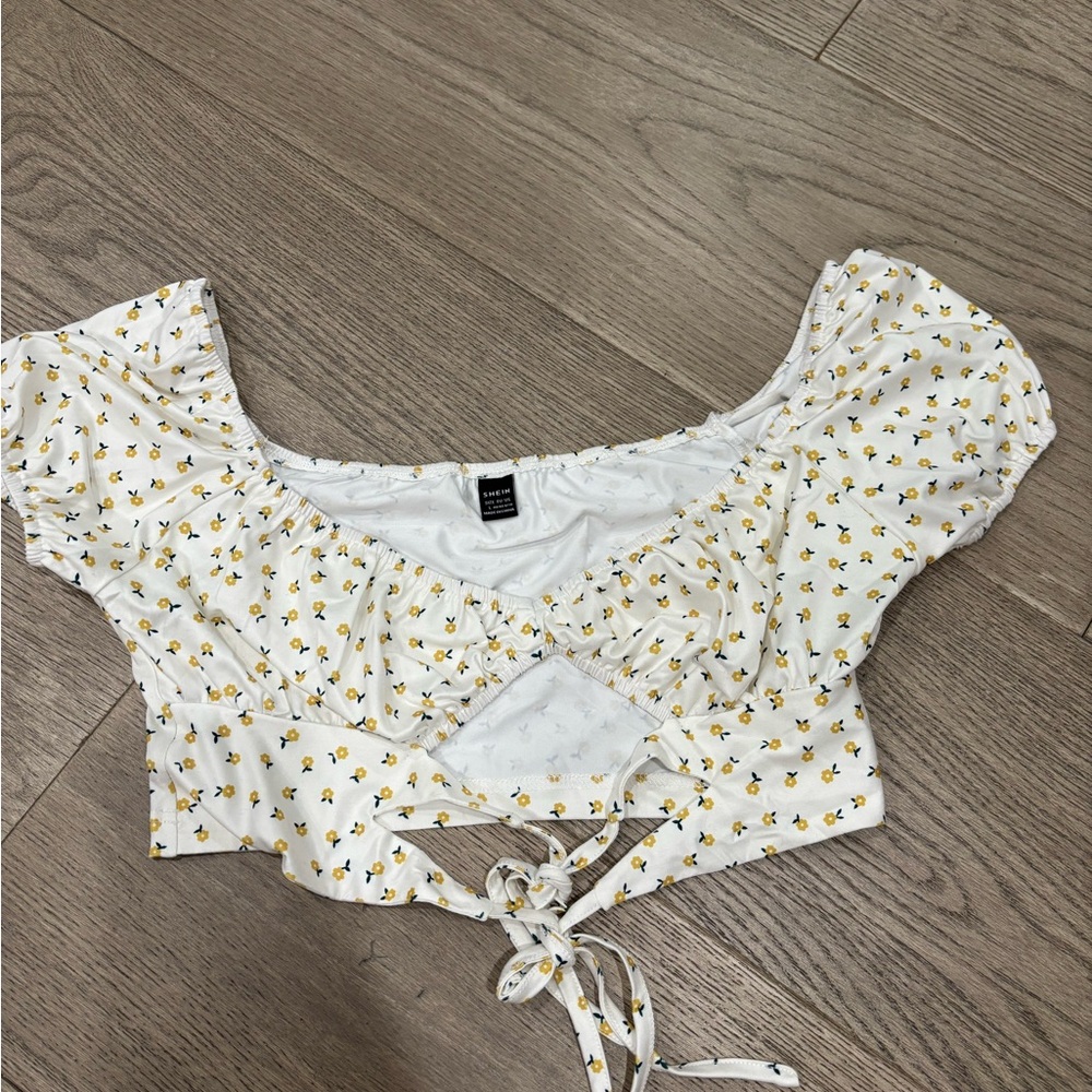 SHEIN White Floral Tie-Front Blouse